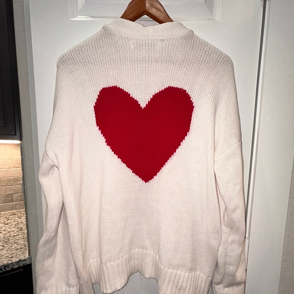 LOFT White and Red Heart Cardigan Sweater - Picture 2 of 7
